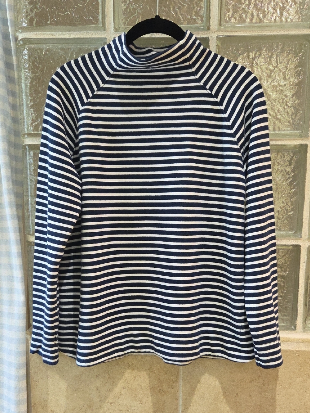 Alice Walk Mock Neck Sweatshirt Navy and White Striped Long Sleeve Top Small